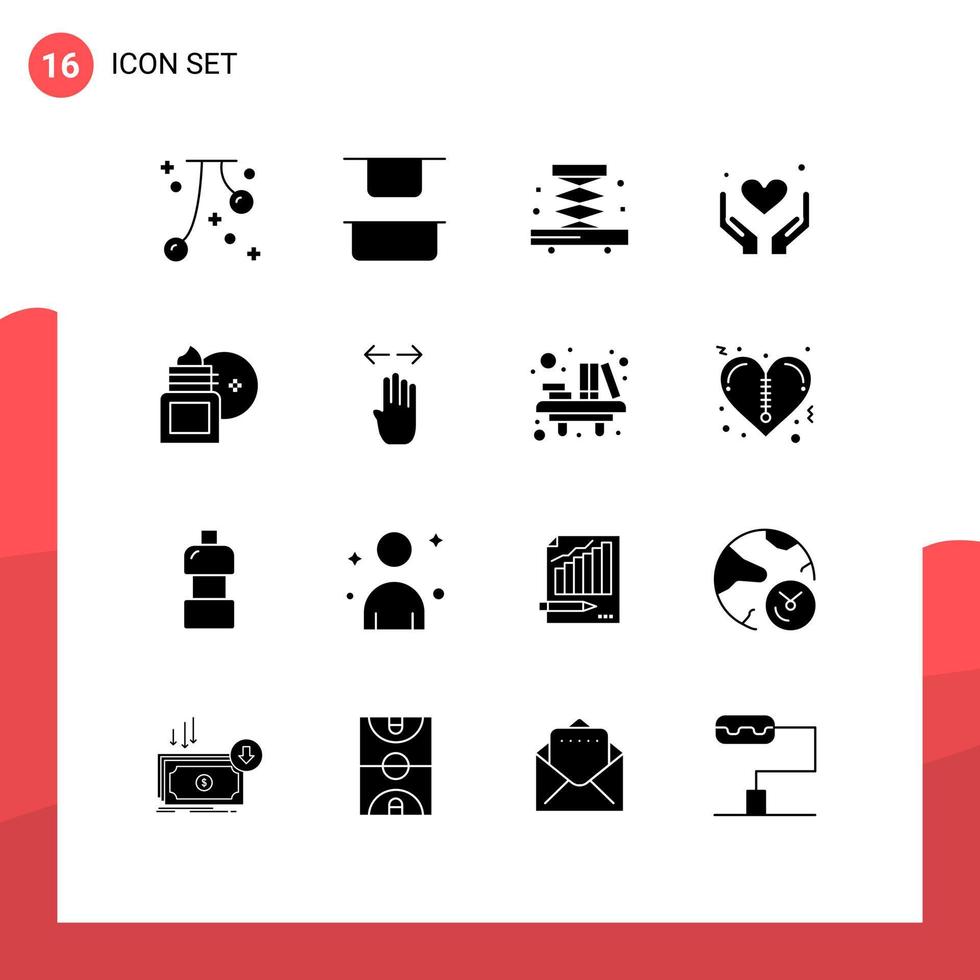 16 interface do usuário pacote de glifos sólidos de sinais e símbolos modernos de construção de loção corporal calmante para o corpo amor de mãe elementos de design de vetores editáveis