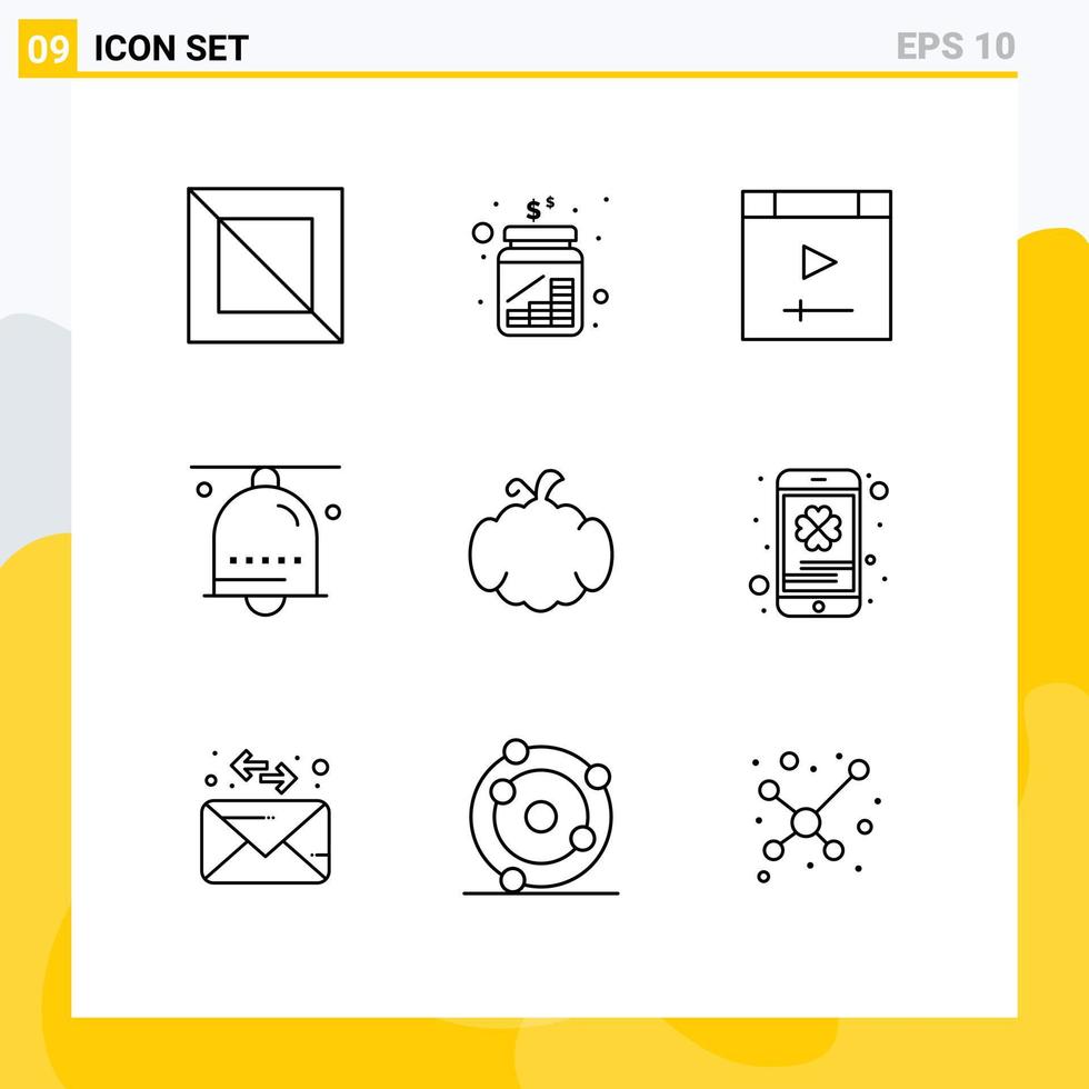pacote de esboço de 9 símbolos universais de aplicativo de notificação de cucurbita alarme de sino de mão elementos de design de vetores editáveis