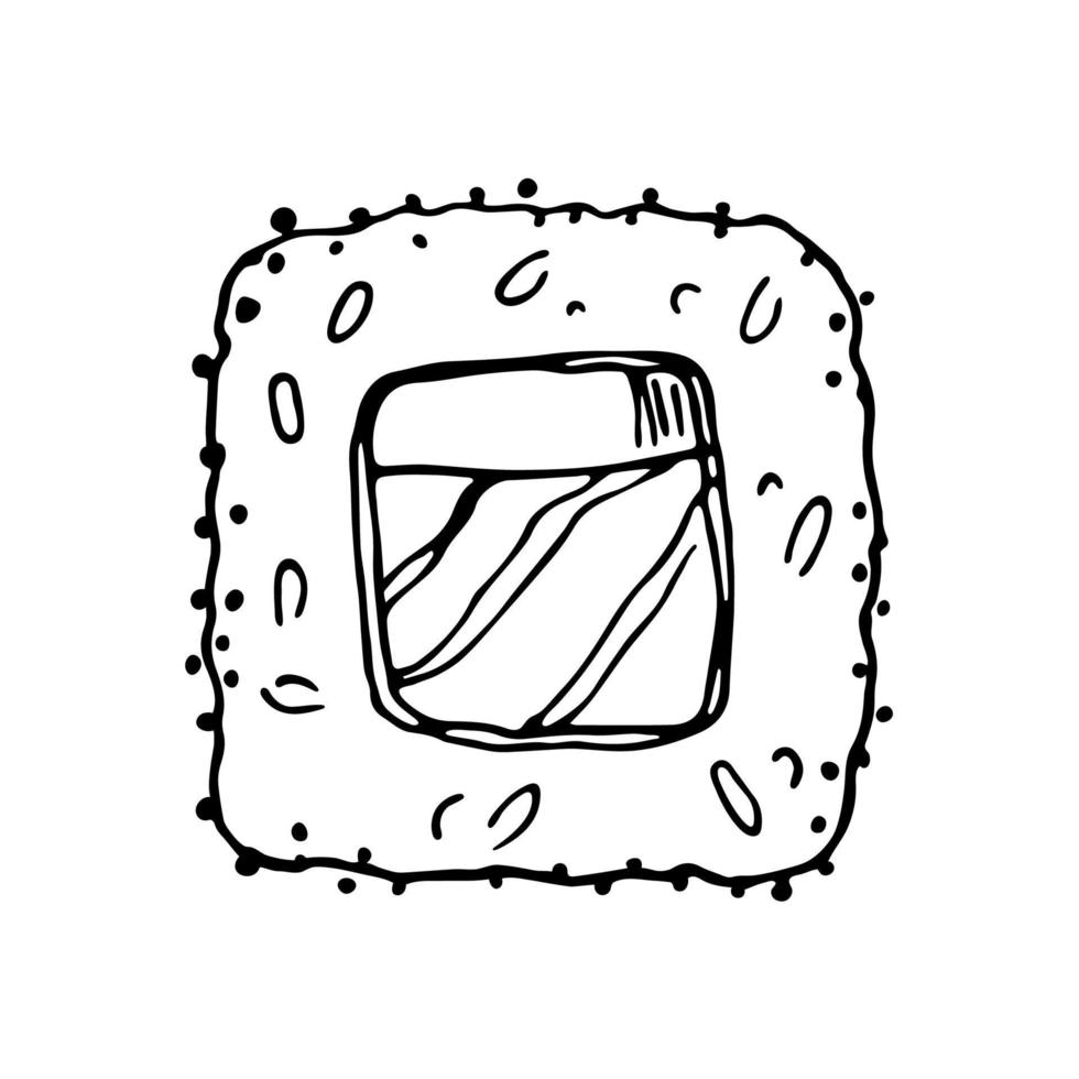 rolo de uramaki de sushi japonês desenhado à mão. ilustração de doodle de comida asiática. Sushi Bar vetor