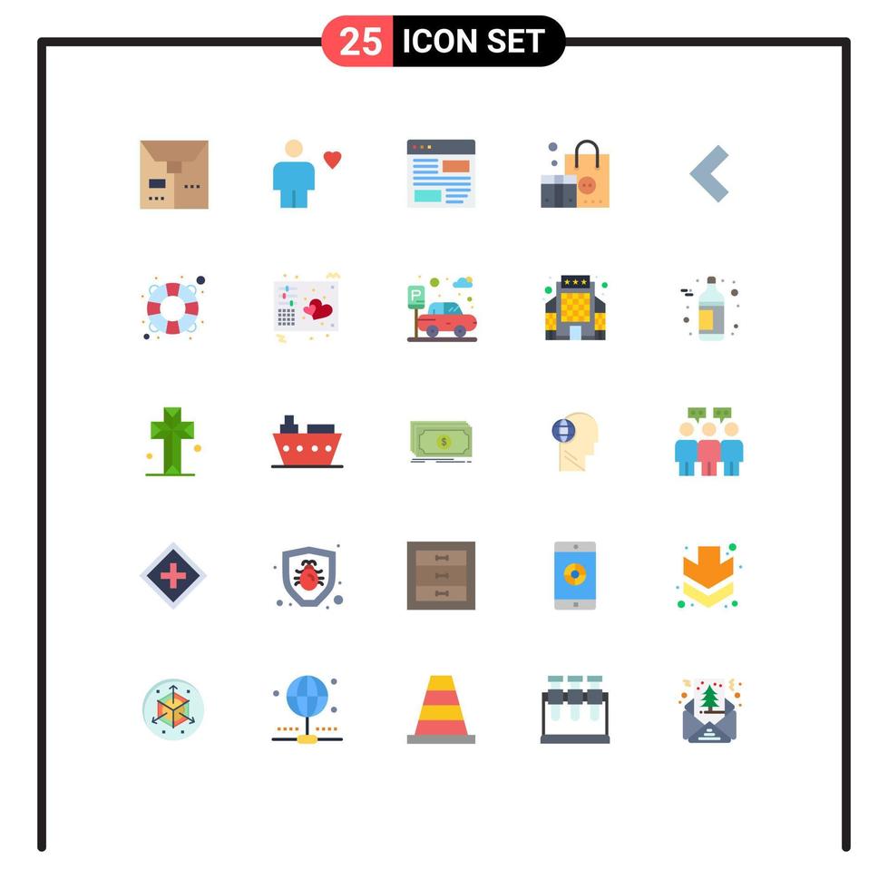 conjunto de cores planas de interface móvel de 25 pictogramas de elementos de design de vetores editáveis de página de marca de aplicativo de roupas de seta