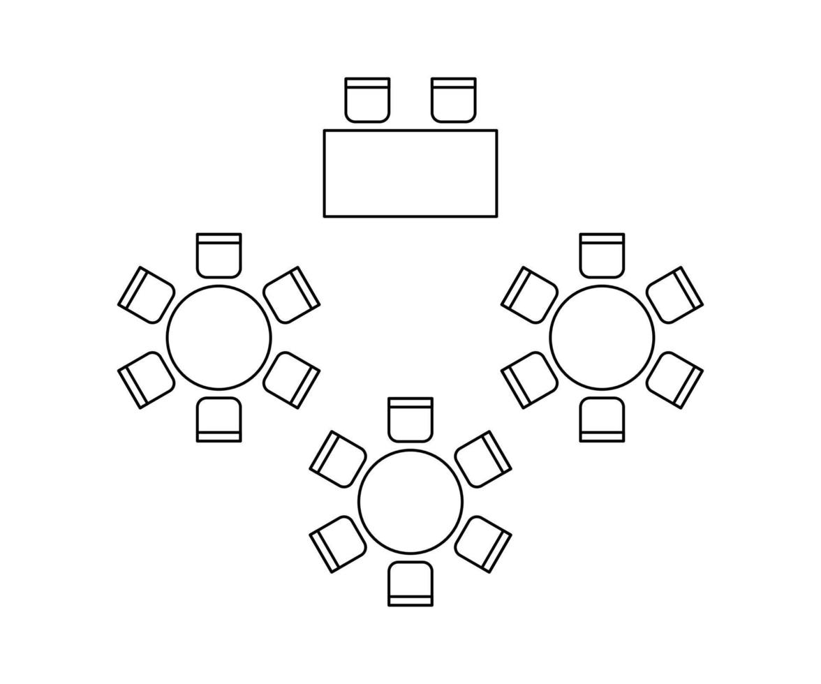 plano para organizar assentos e mesas no interior do banquete do evento, elementos de contorno gráfico de layout. cadeiras e mesas assinam no plano arquitetônico do esquema. móveis, vista superior. linha vetorial vetor