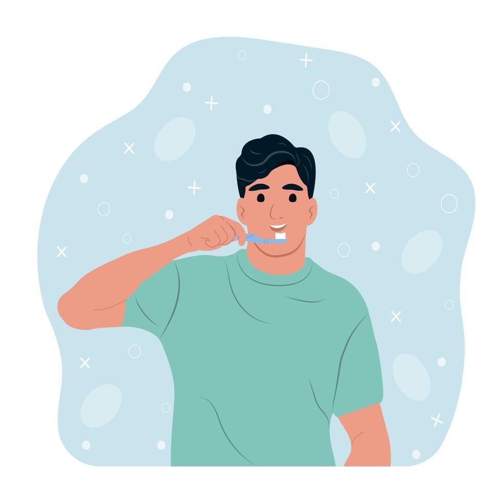 um jovem sorridente escova os dentes para evitar cáries. ilustração vetorial plana vetor
