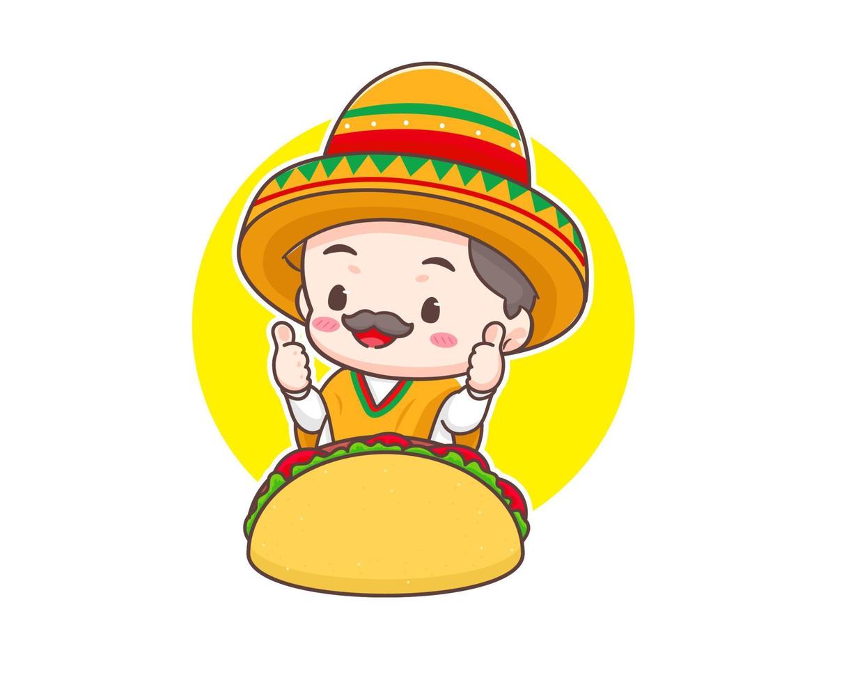 ilustração dos desenhos animados do logotipo tacos. chef bonito usa chapéu sombrero segurando tacos mostrando os polegares. comida de rua tradicional mexicana. adorável chef mexicano. ilustração de arte vetorial vetor