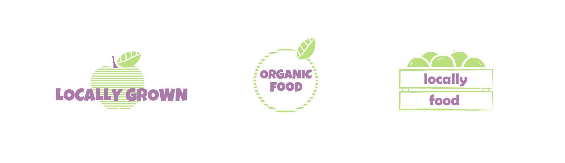 eco, bio, adesivo orgânico, rótulo, ícone de ecologia. modelo de logotipo com folhas verdes para alimentos orgânicos cultivados localmente. ilustração vetorial. vetor