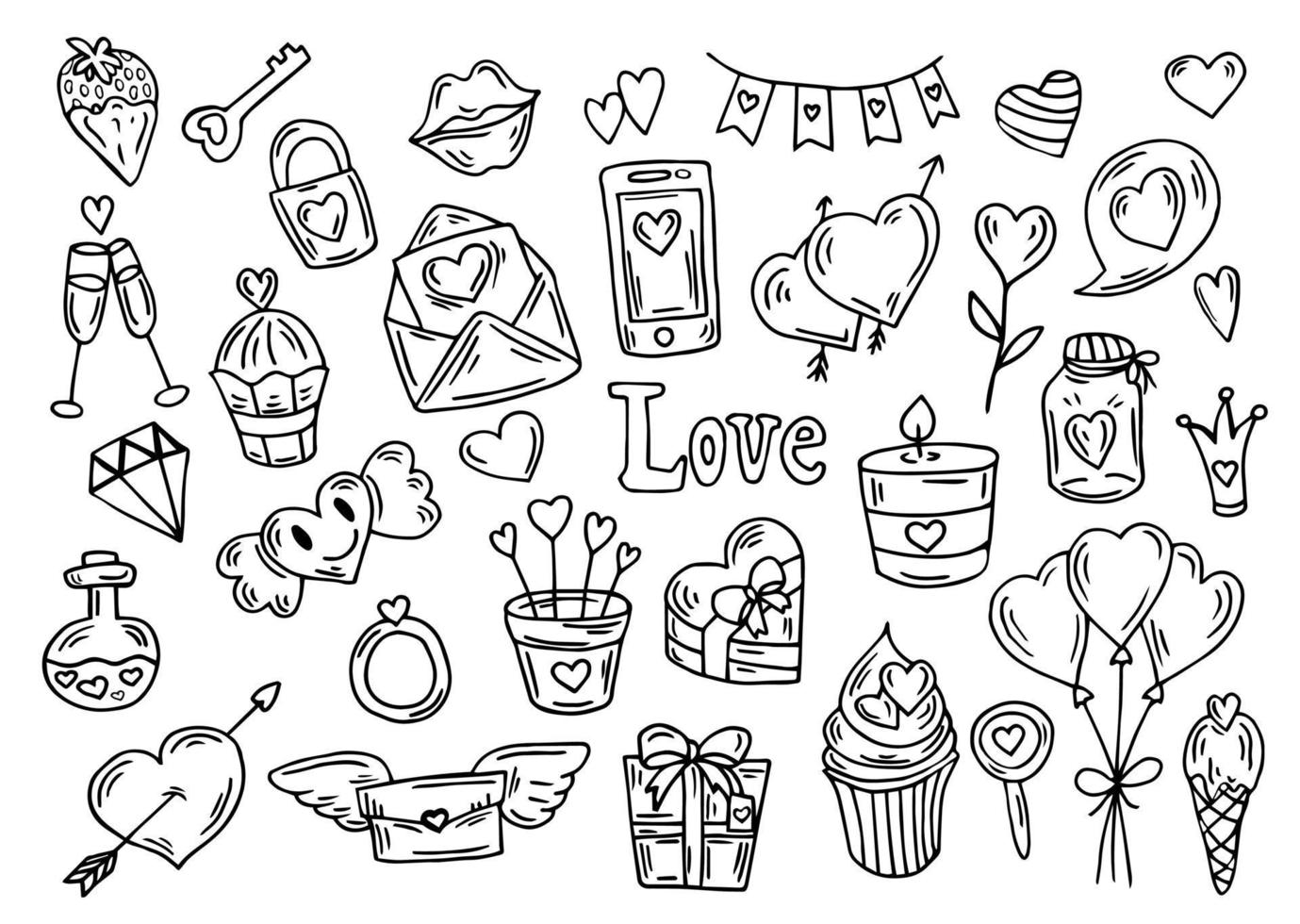 conjunto de diferentes elementos doodle para casamento, dia dos namorados e design de dia do beijo. ilustração em vetor mão desenhada linha arte dos desenhos animados. elemento romântico.