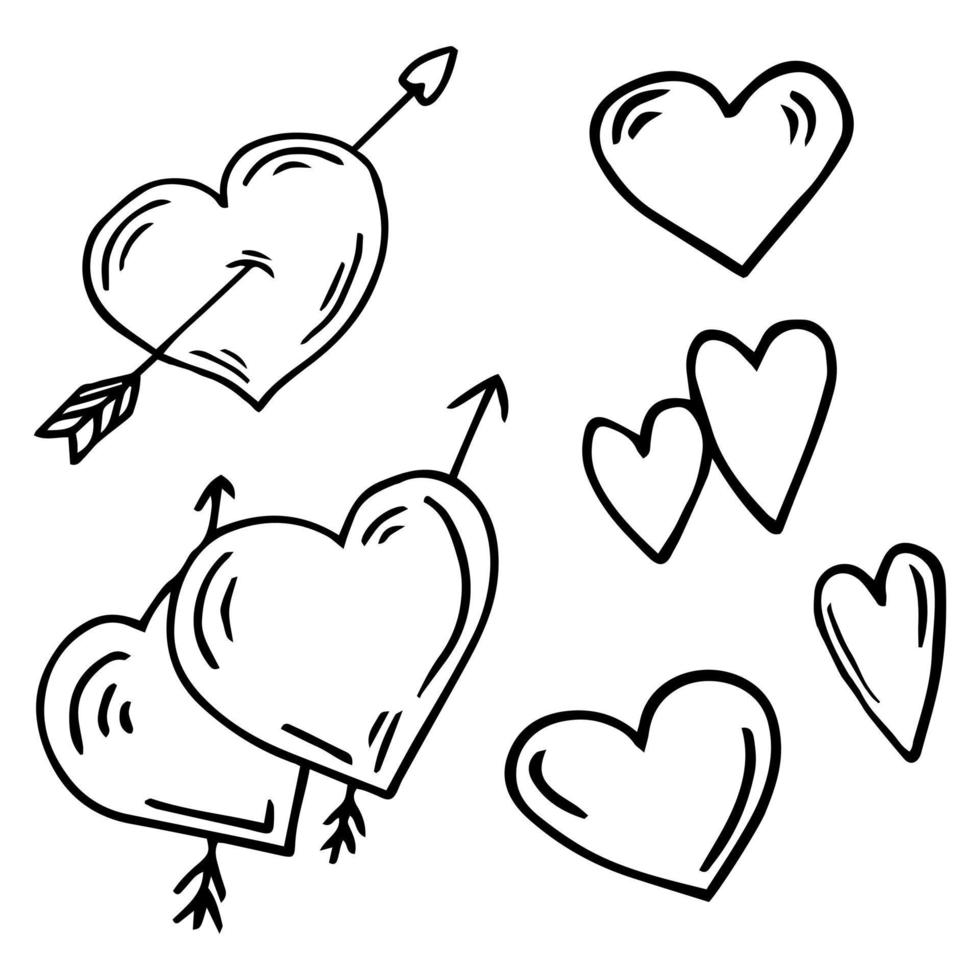 conjunto de coração desenhado à mão. corações de marcador áspero desenhados à mão isolados no fundo branco. ilustração vetorial para seu design gráfico vetor
