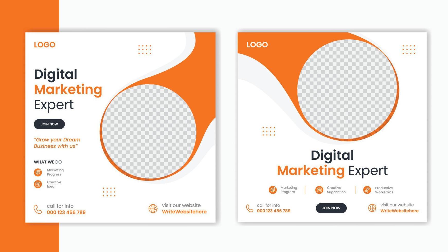 modelo de design de postagem de mídia social laranja corporativa, layout de design de postagem de marketing de negócios, pacote de postagem de perfil da empresa vetor