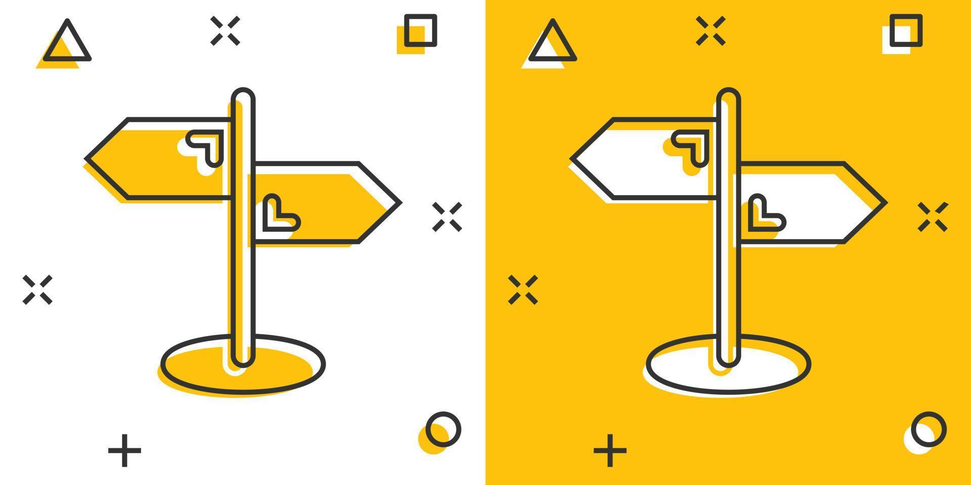 ícone de sinalização de encruzilhada em estilo cômico. estrada direção ilustração vetorial dos desenhos animados no fundo branco isolado. conceito de negócio de efeito de respingo roadsign. vetor