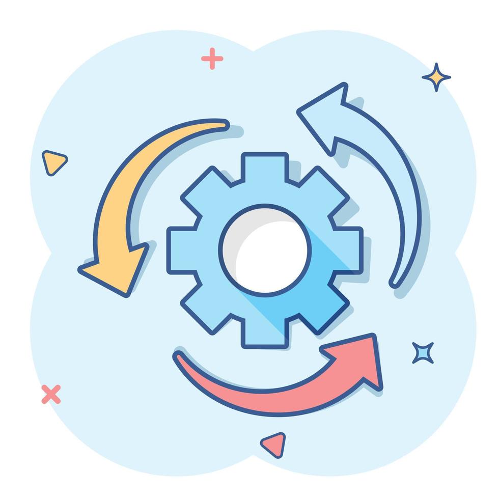 ícone do processo de fluxo de trabalho em estilo cômico. roda dentada de engrenagem com pictograma de ilustração de desenho vetorial de setas. efeito de respingo de conceito de negócios de fluxo de trabalho. vetor