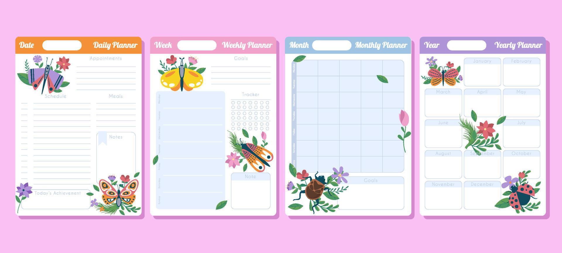 insetos de primavera com coleção de modelos de diário floral vetor