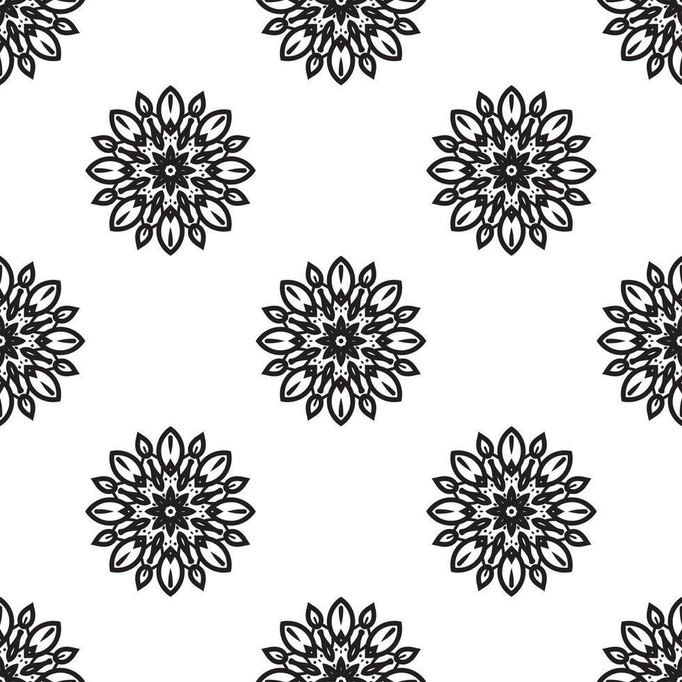 flor mandala preto e branco sem costura padrão. fundo desenhado à mão. motivos islâmicos, árabes, indianos e otomanos. perfeito para impressão em tecido ou papel. vetor