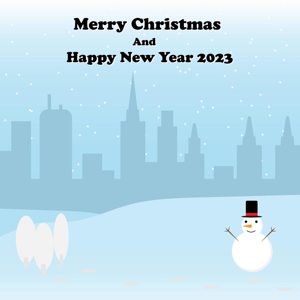 feliz natal boneco de neve na montanha com fundo de cidade de sombra com cartão postal de vetor de inverno de neve