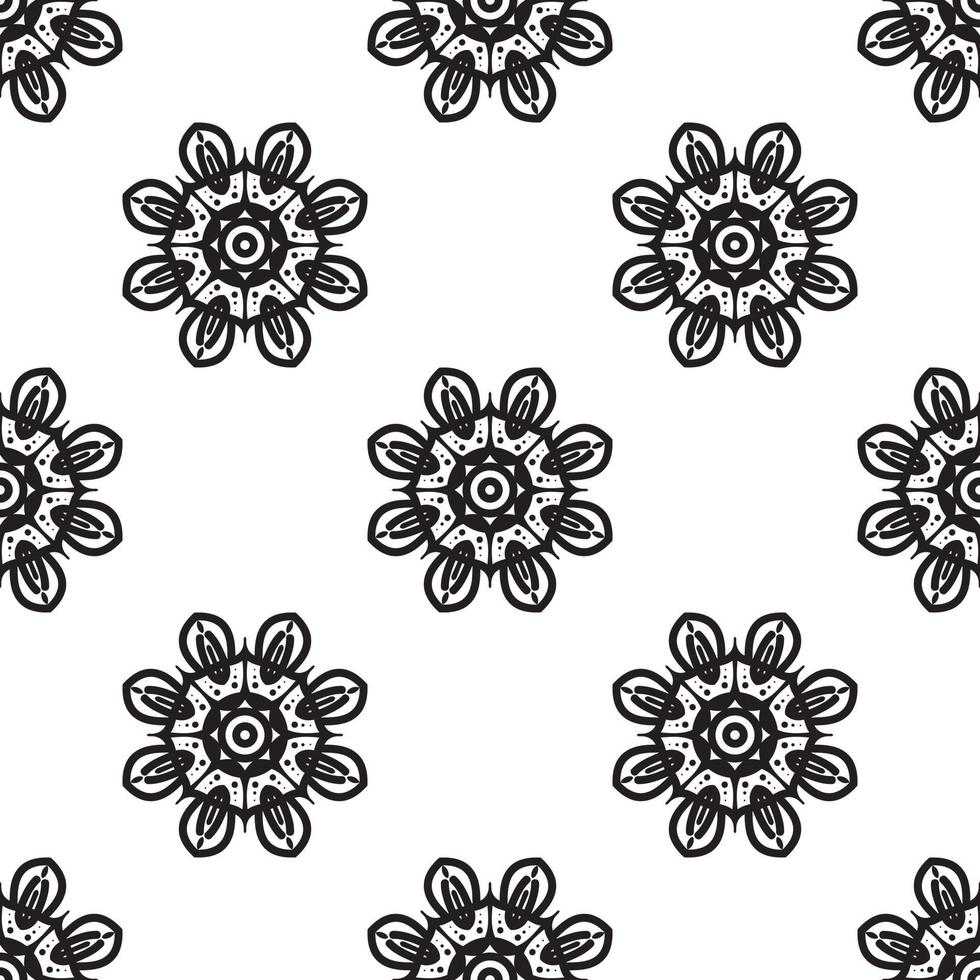 flor mandala arte preto e branco sem costura padrão. fundo retrô monocromático inspirado na arte tradicional vetor