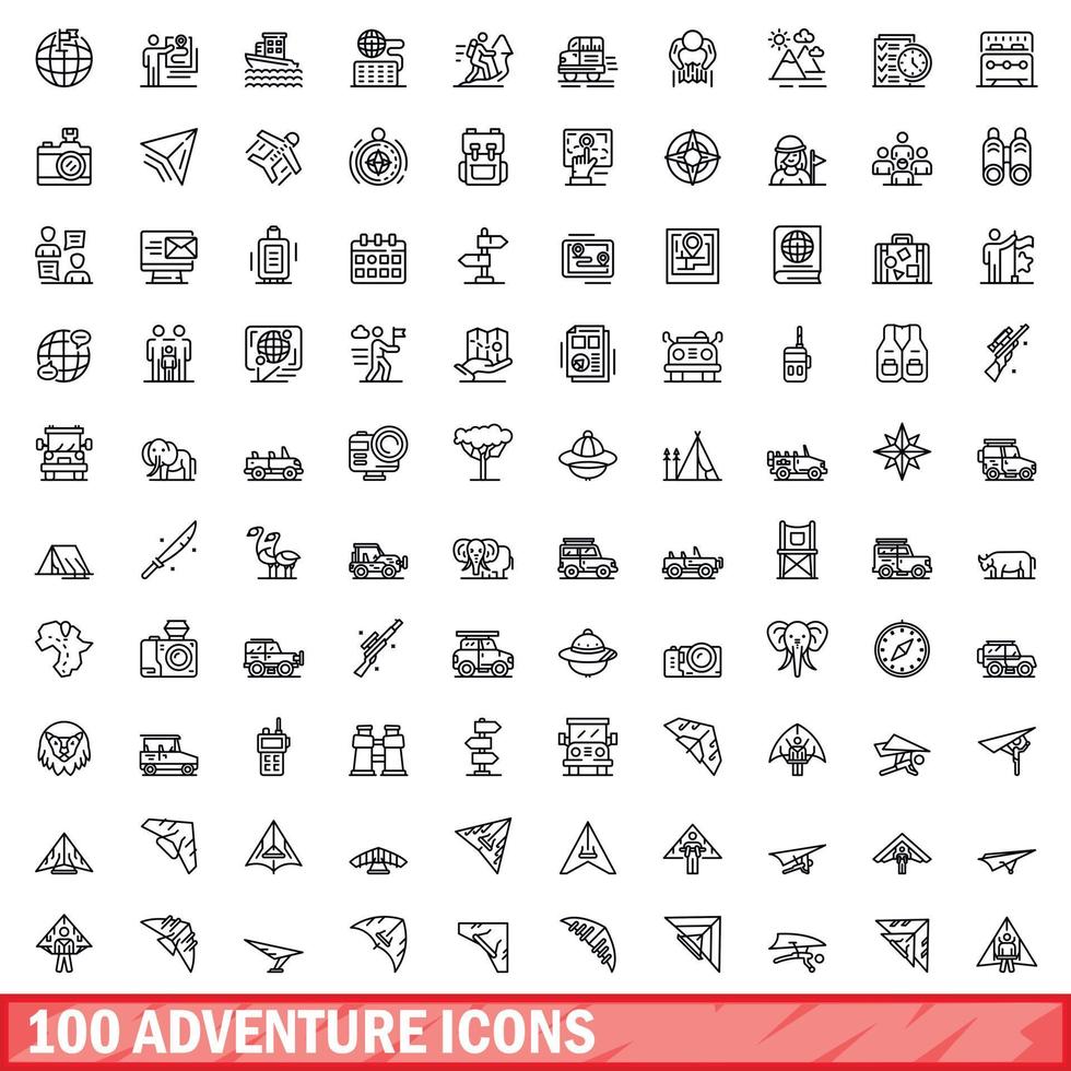 conjunto de 100 ícones de aventura, estilo de contorno vetor