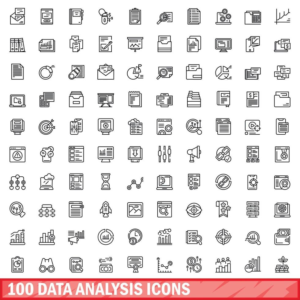 Conjunto de 100 ícones de análise de dados, estilo de estrutura de tópicos vetor