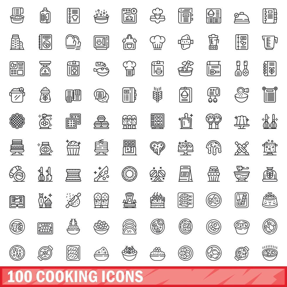 100 ícones de cozinha definidos, estilo de contorno vetor