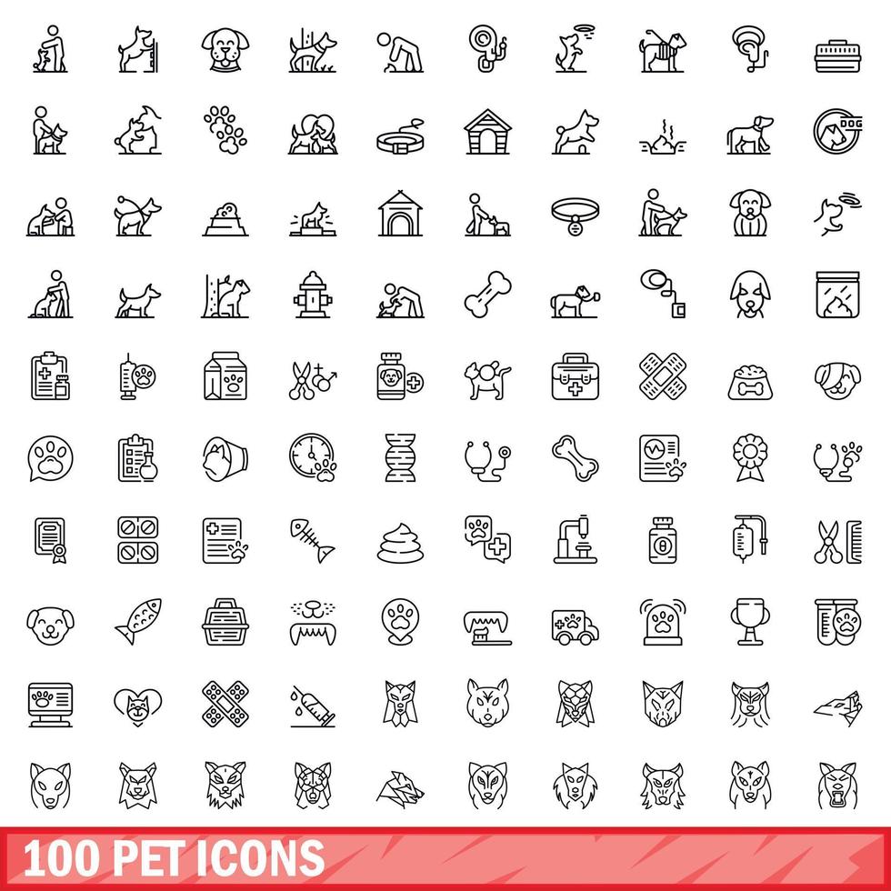 Conjunto de 100 ícones de animais de estimação, estilo de estrutura de tópicos vetor