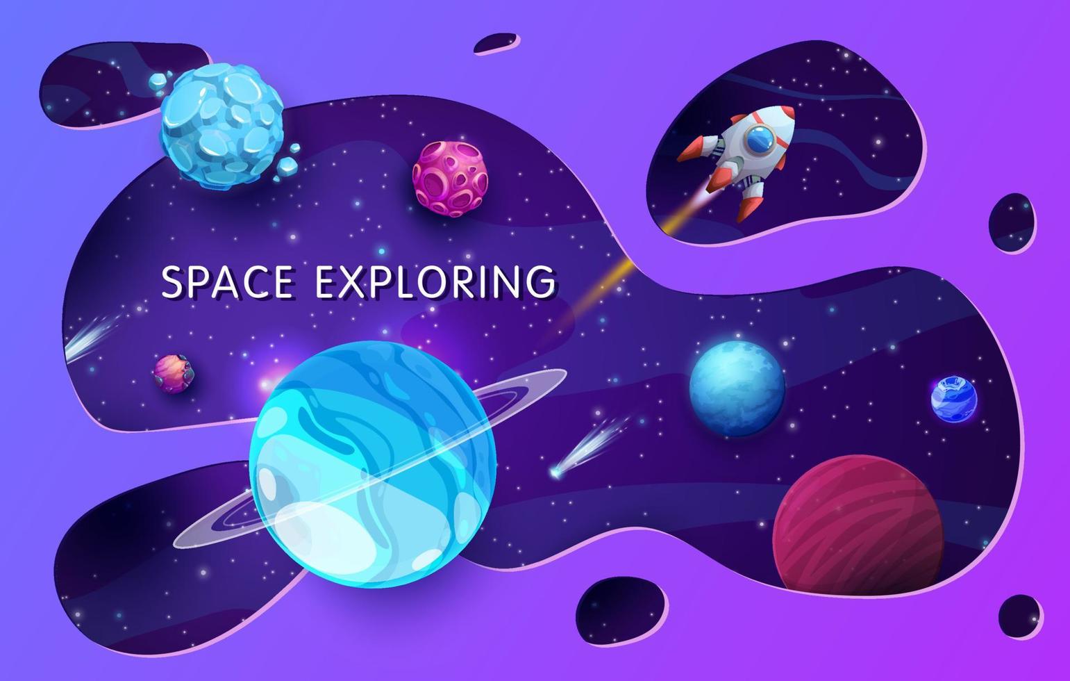 paisagem de espaço de corte de papel. planetas da galáxia estrelada e nave espacial. exploração da galáxia, voo interestelar e pano de fundo papercut de viagem espacial ou banner vetorial com planetas fantásticos, nave estelar entre estrelas vetor