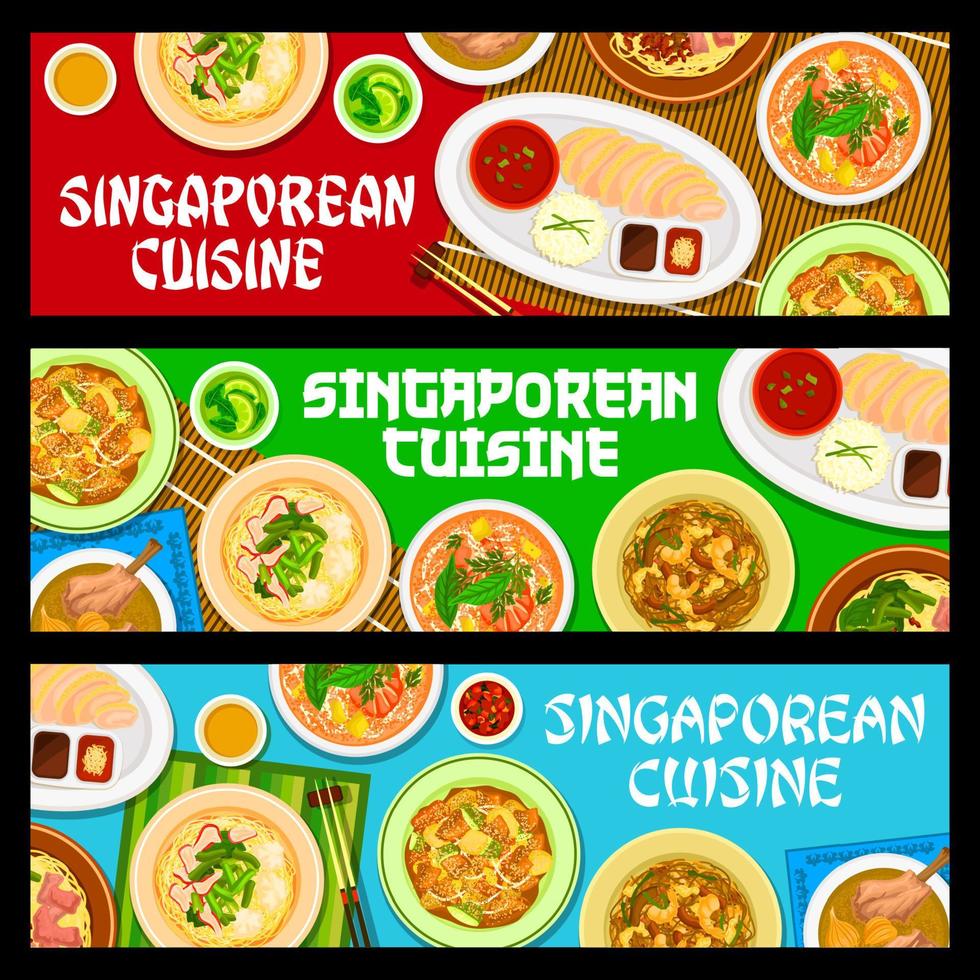 bandeiras de comida de cozinha de Singapura, pratos de Singapura vetor