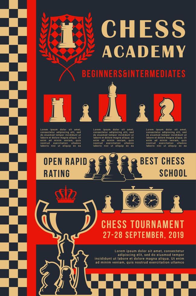 cartaz de vetor de torneio aberto de jogo de academia de xadrez