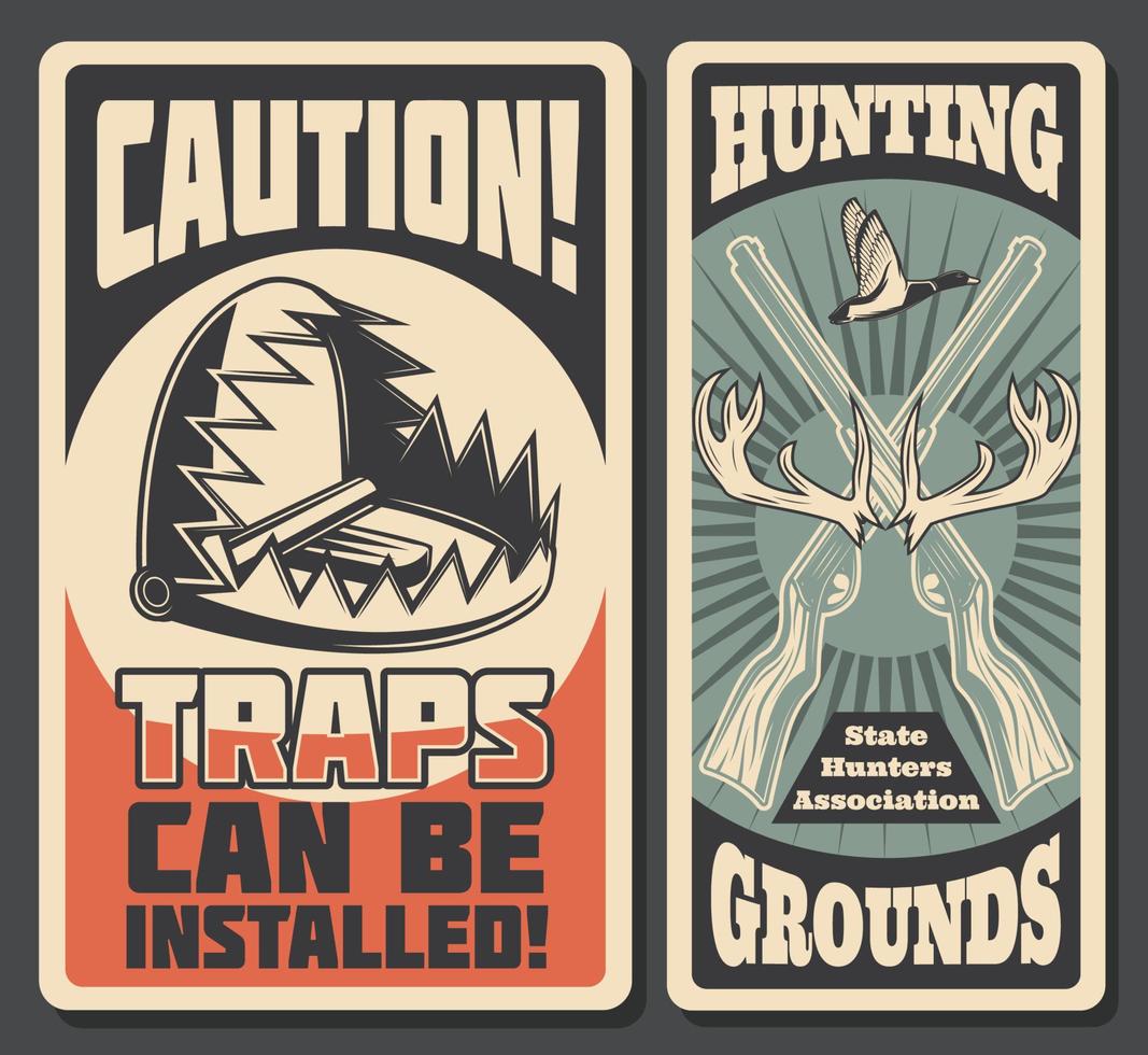 cartazes retrô de áreas de caça com armadilhas perigosas vetor