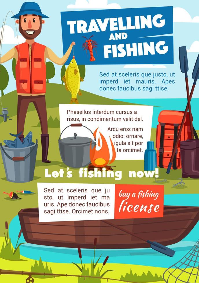 cartaz de viagem e pesca com pescador e acampamento vetor