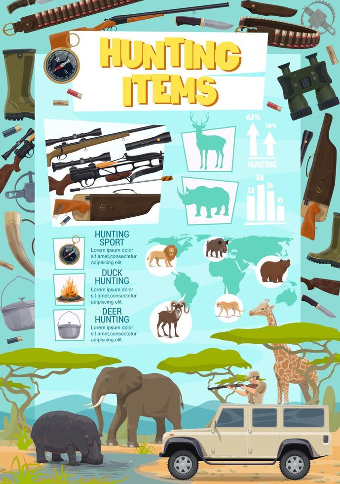 cartaz de itens de esporte de caça com arma e animais vetor