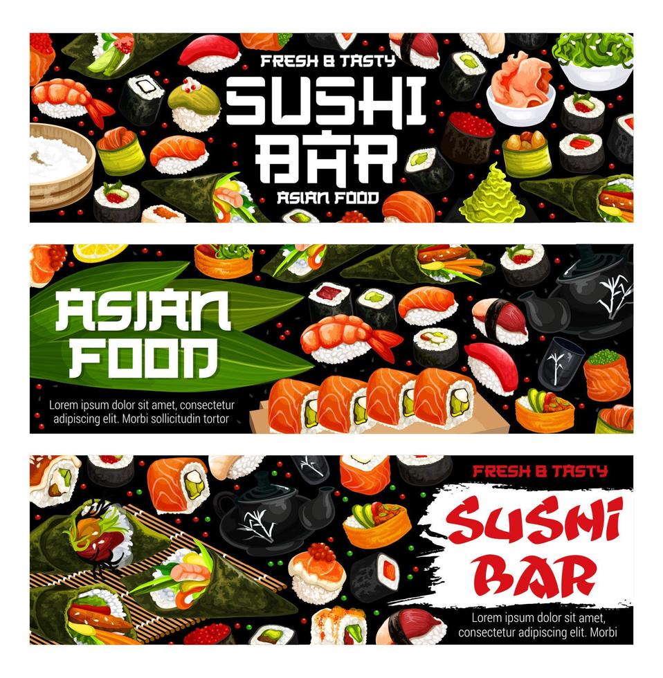 sushi bar japonês, rolls maki e pratos de sashimi vetor