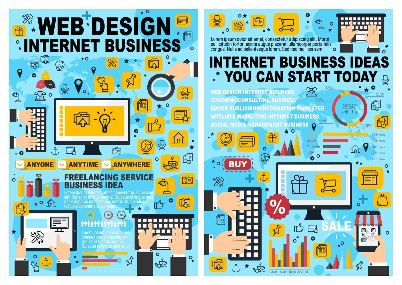 cartazes da web de arte de linha de inicialização e negócios na internet vetor