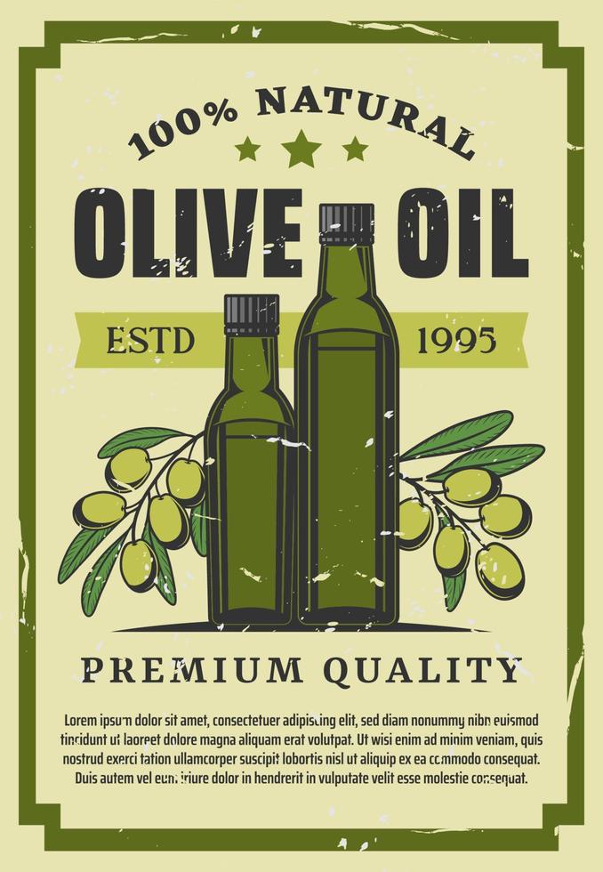 óleo vegetal verde-oliva em cartaz retrô de garrafa de vidro vetor