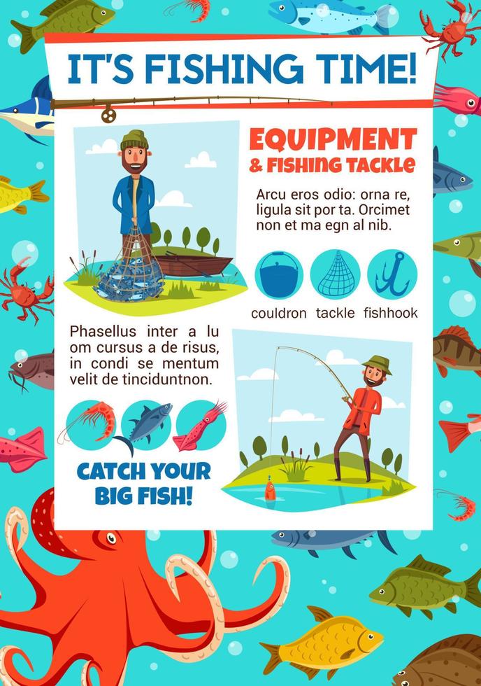 convite para concurso de pesca com pescador e equipamento vetor