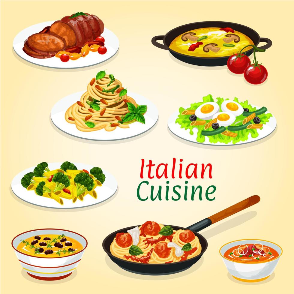 pratos italianos de massas, carnes, peixes e legumes vetor