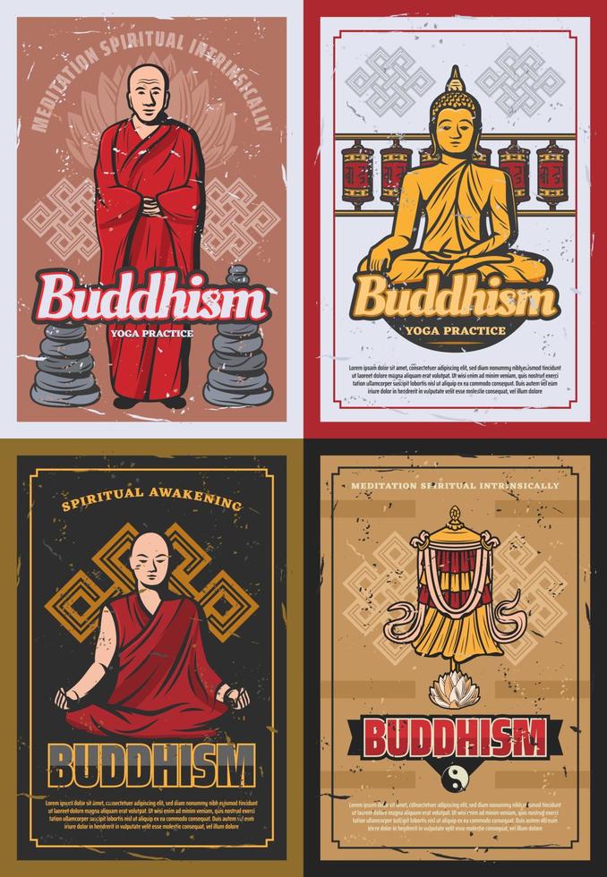 símbolos de religião do budismo e monges budistas vetor