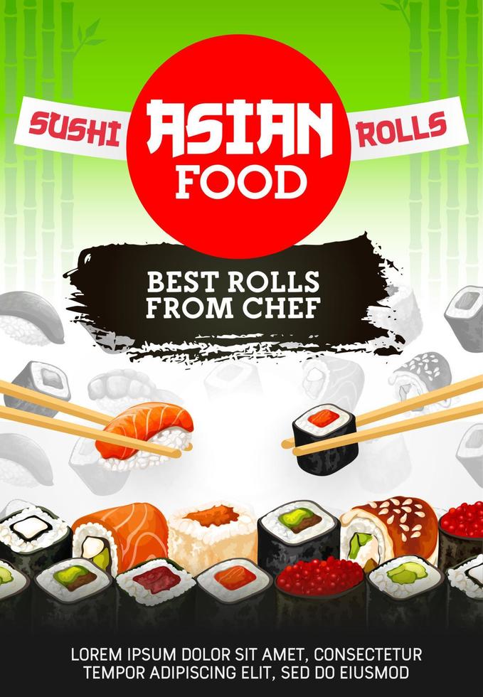 comida asiática de sushi, rolos de cozinha japonesa e maki vetor