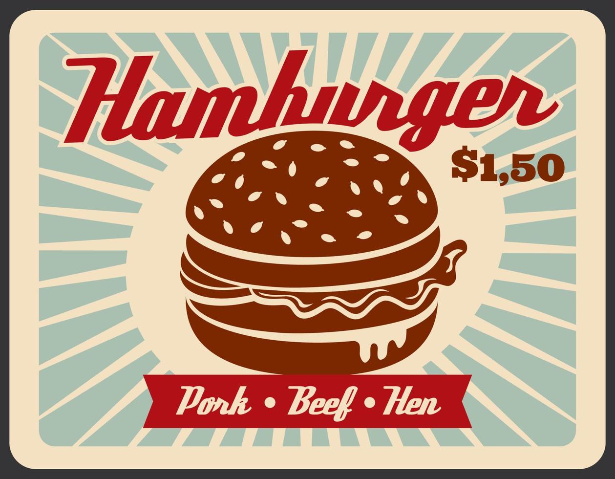 pôster retrô de fast-food com sanduíche de hambúrguer vetor