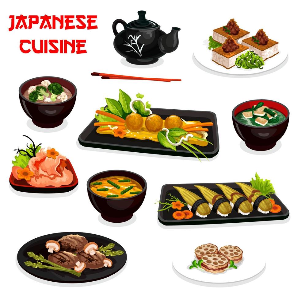 pratos japoneses com sushi asiático e sopas vetor