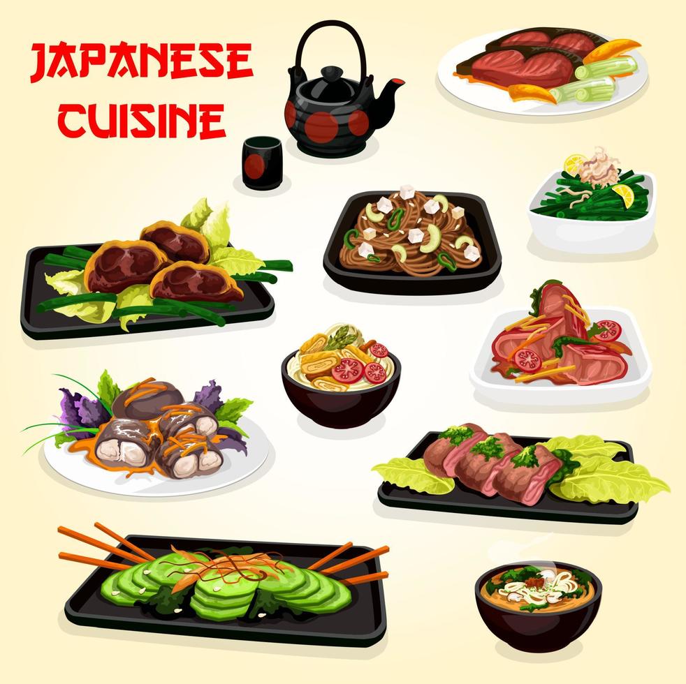 pratos japoneses de peixe e carne com saladas e sopa vetor