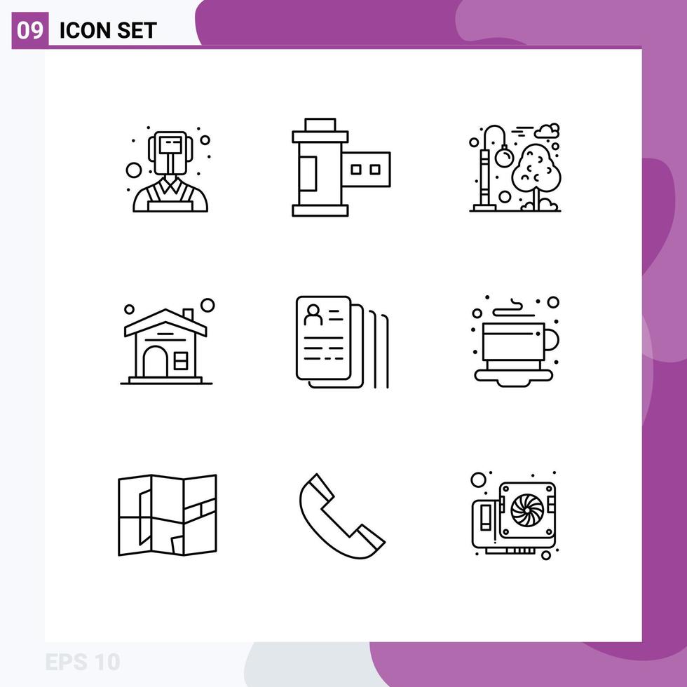 conjunto de 9 sinais de símbolos de ícones de interface do usuário modernos para pesquisa encontrar elementos de design de vetores editáveis da casa do documento da cidade