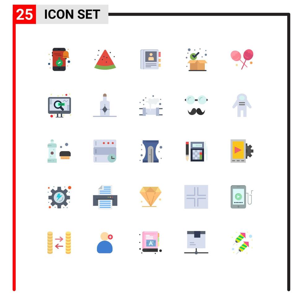 Pacote de cores planas de 25 interfaces de usuário de sinais e símbolos modernos de caixa de confeitaria, pacote de telefone, marca de seleção, elementos de design de vetores editáveis