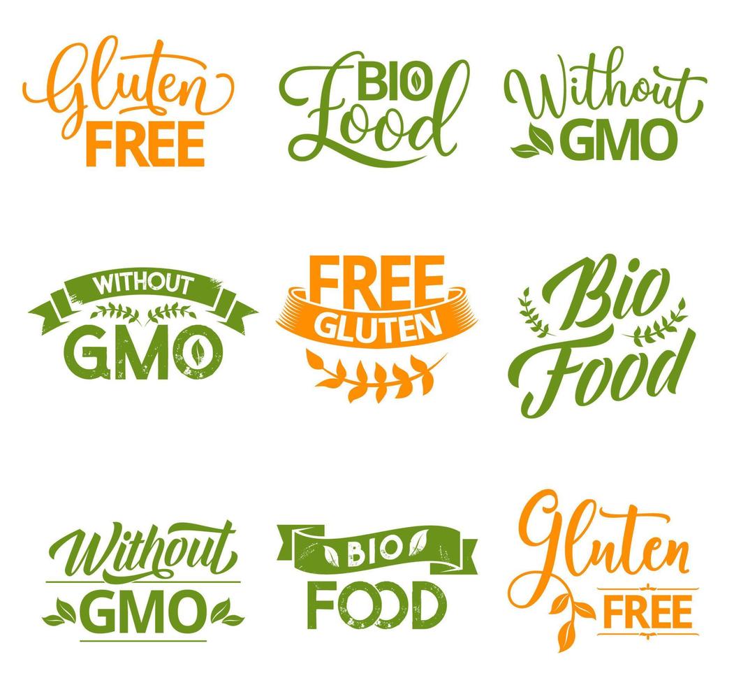 bio, ícones de letras de alimentos orgânicos e naturais vetor