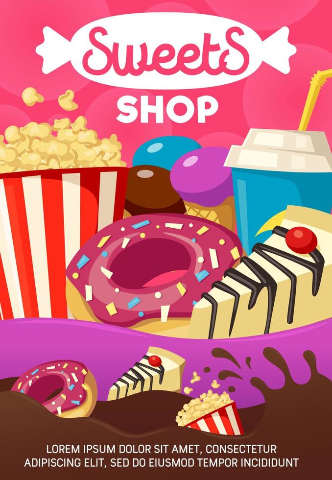 doces saborosos e cartaz de desenhos animados de loja de fast food vetor