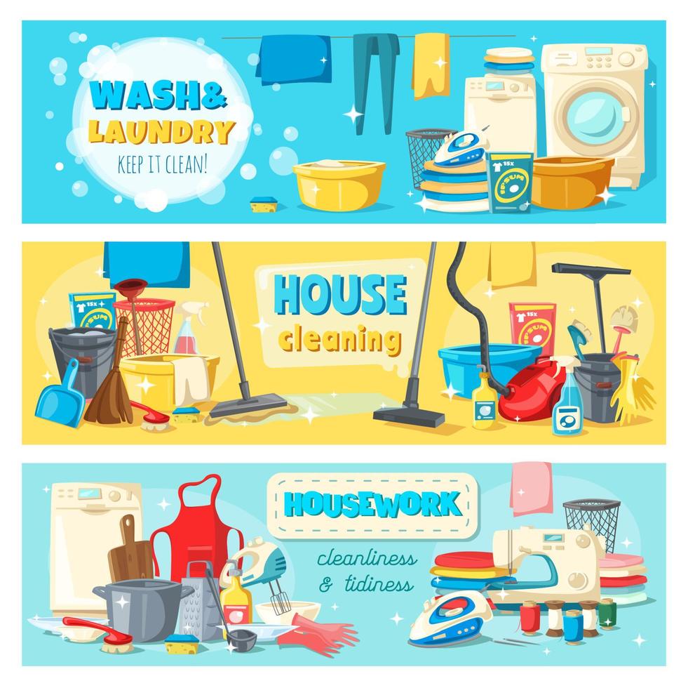 ferramentas de limpeza de lavanderia, banners de serviços domésticos vetor