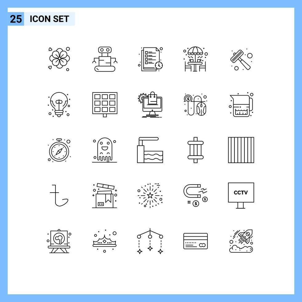 Pacote de linha de interface de usuário 25 de sinais e símbolos modernos de calendário de estudo de martelo de carne guarda-chuva móveis elementos de design de vetores editáveis