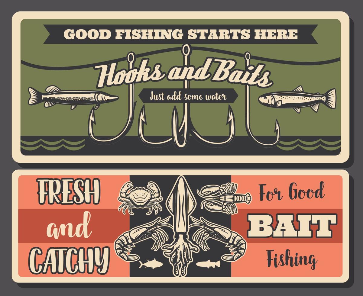 pesca retrô, ferramentas de pesca e frutos do mar vetor