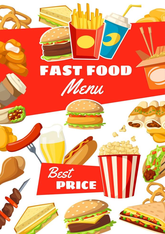 menu de fast food de refeições e bebidas de rua vetor