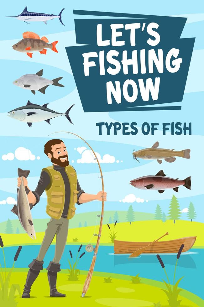 cartaz de pesca com pescador segurando pique e vara vetor