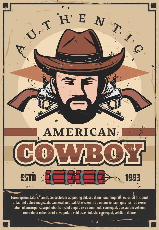 poster retrô cowboy americano com homem e revólver vetor