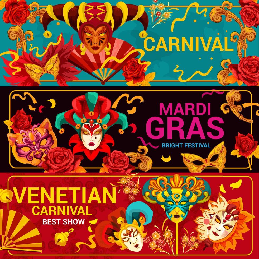 máscaras de carnaval veneziano e mardi gras vetor