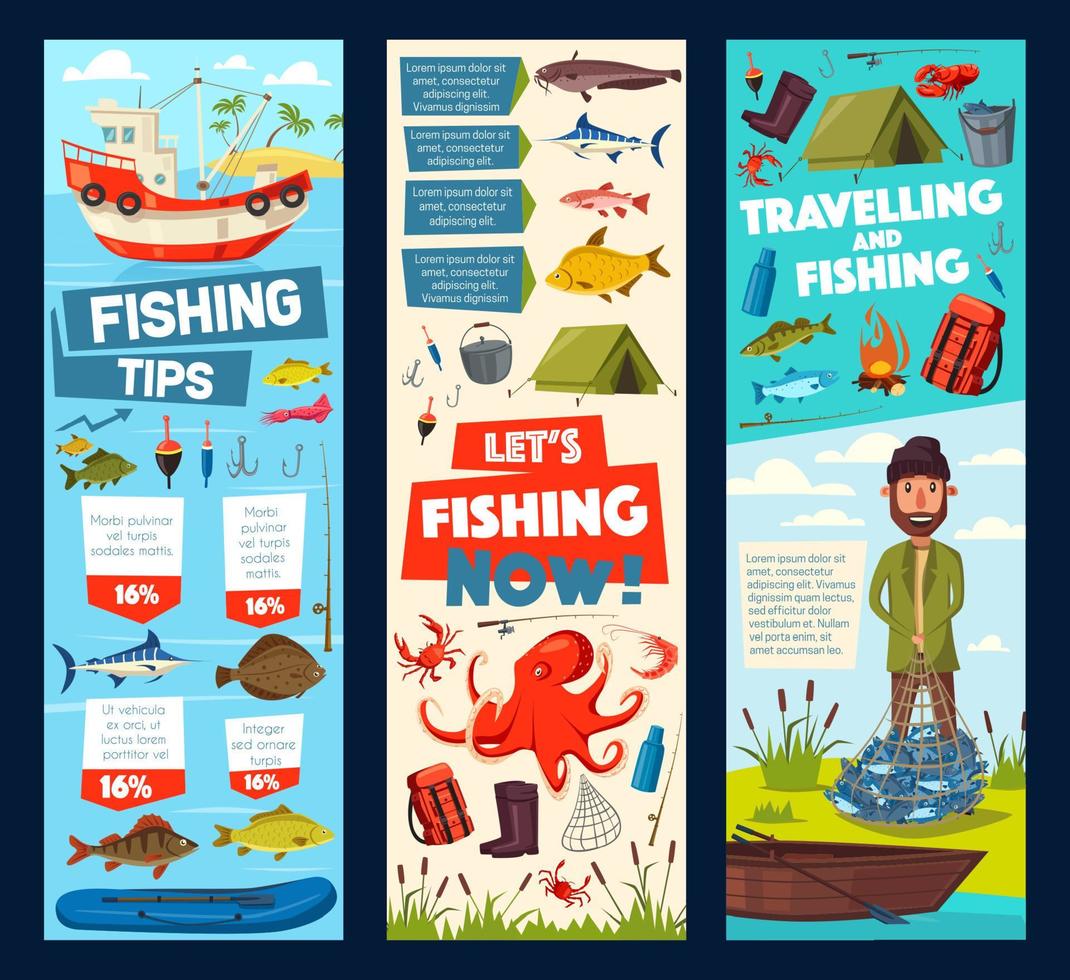 viagem de pesca e banners de dicas de captura de peixes de pescador vetor