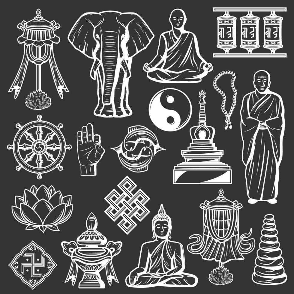 ícones de religião e cultura do budismo, espiritualidade vetor